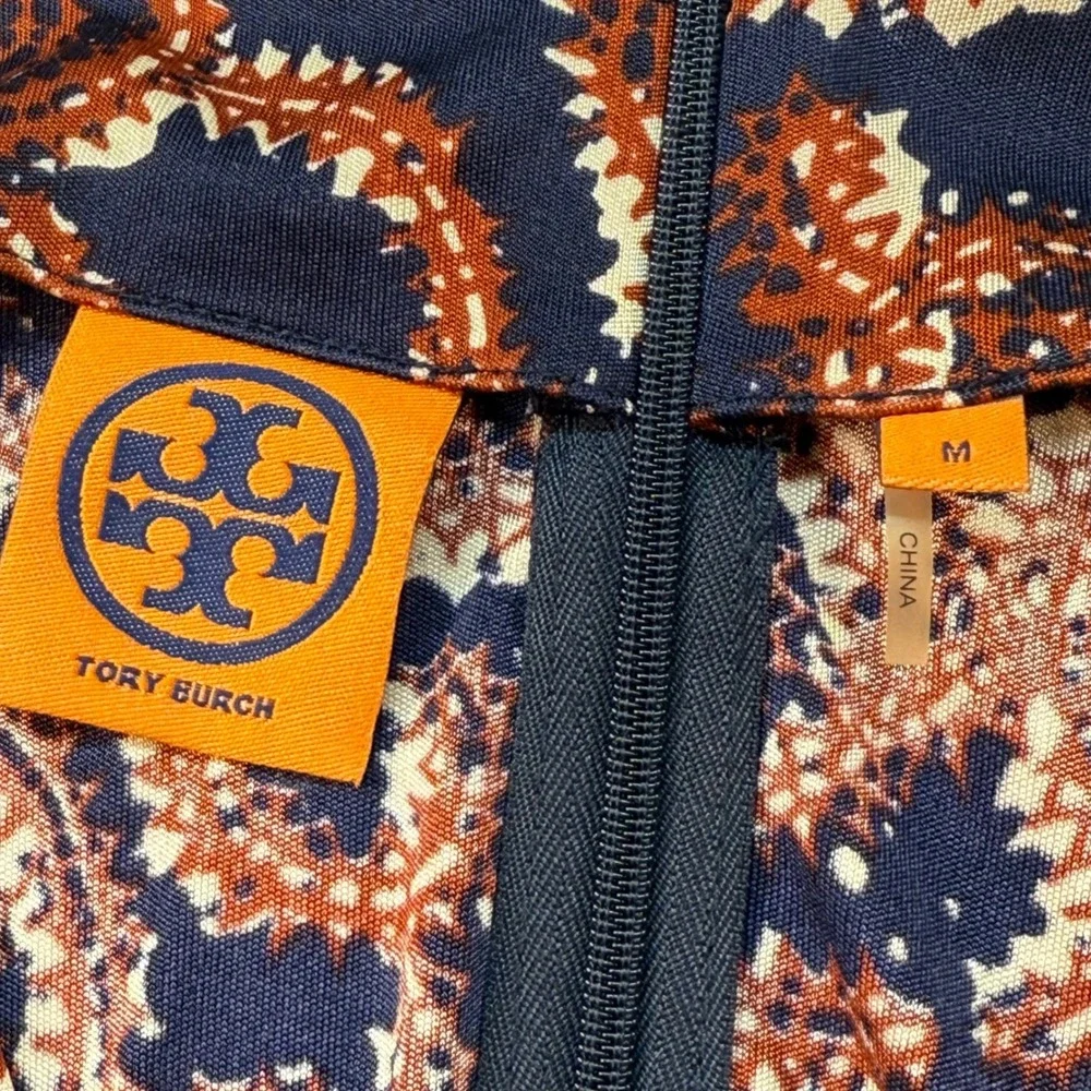 Tory Burch Silk Paisley Sheath Dress Size Medium Sleeveless Tie Waist Navy Rust